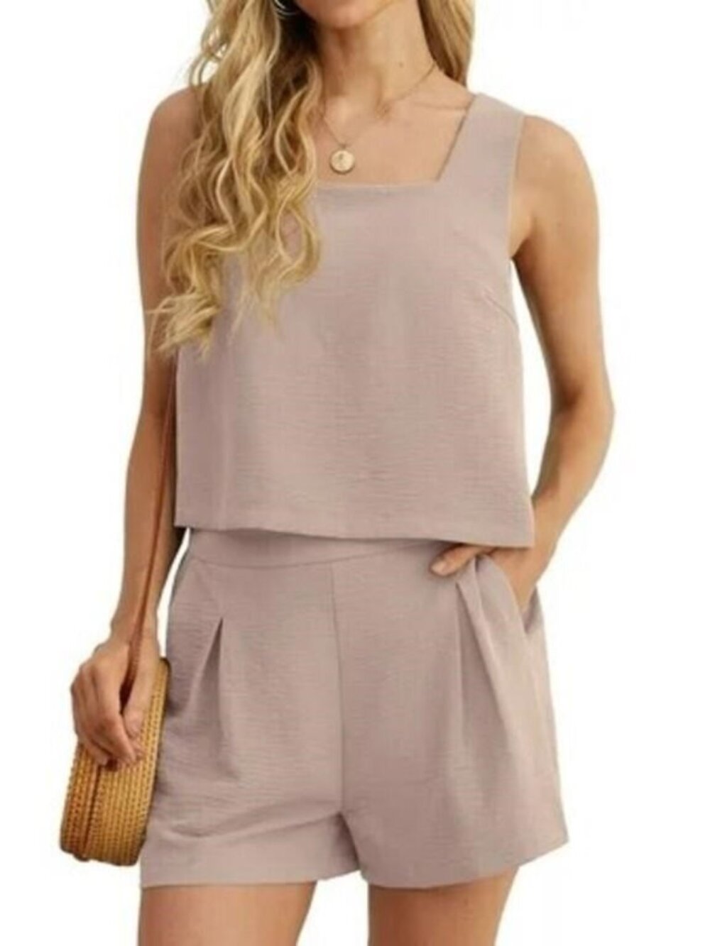 Women s 2 Piece Square Neck Sleeveless Shorts Casual Set Women s Summer Top Khak